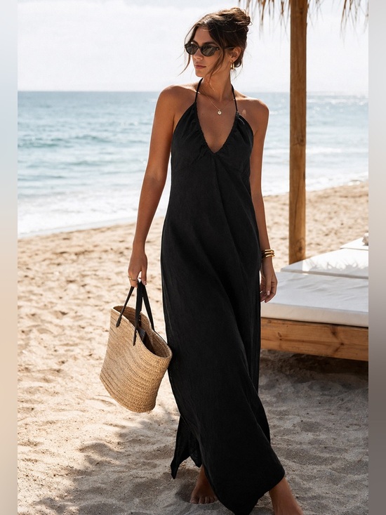 Victoria's Secret Other - Luxury Black Halter Maxi Swim Cover-Up | Open Back Resort Dress Victoria Secret